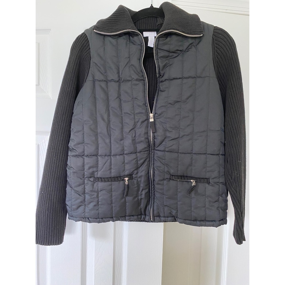 Charter Club Mixed Media Jacket Womens PM Black Ribbed Knit Puffer Quilted Zip